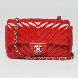 Chanel Red Chevron Quilted Patent Leather Classic Rectangular Mini Flap Bag